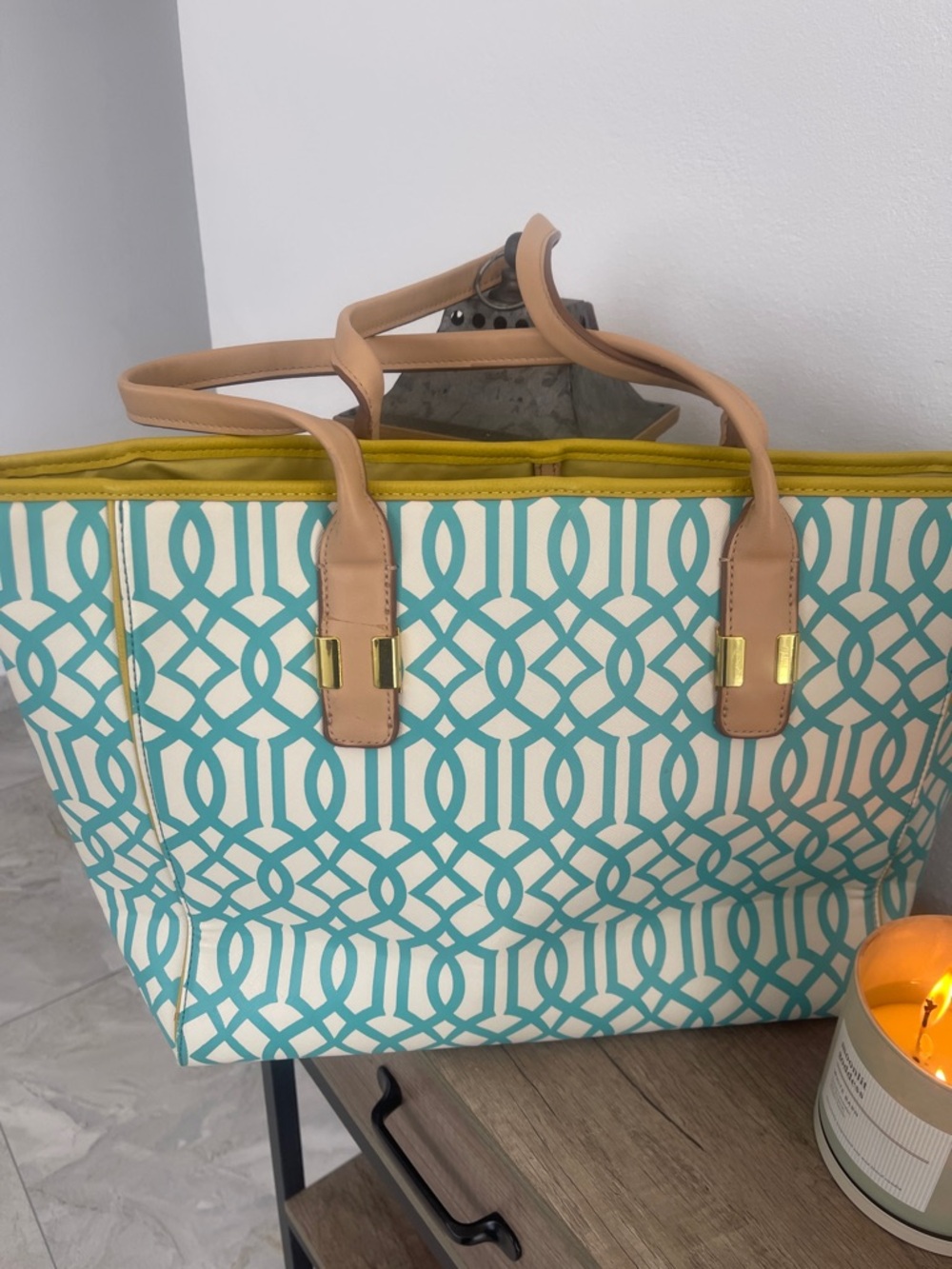 Kate Landry Turquoise Patterned Tote Bag with Beige Handles - Picture 10 of 10
